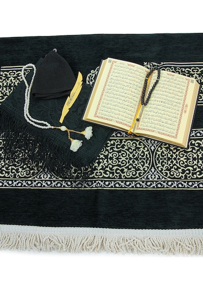 Kabe Maketli Medine Hatlı Kuranı Kerim, Tesbih, Şal Ve Seccade Hediyelik Set - Siyah