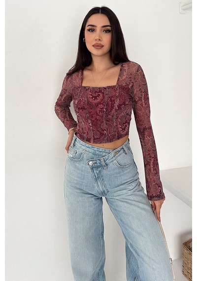 Noa & Noa Kadın Paisley Desenli Kare Yaka Bluz Rust Bloom bordo