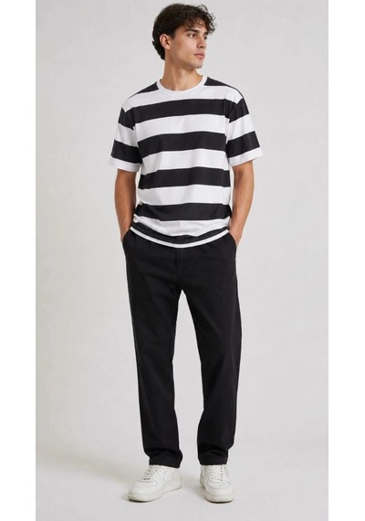 Freedom Storee Erkek Çizgili Oversize Tişört Bisiklet Yaka Kısa Kol Yazlık T-shirt - Siyah Çok Renkli
