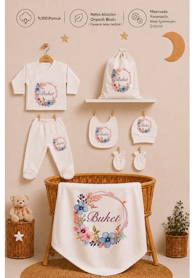 Pia Baby Kişiye Özel %100 Pamuk Kız Bebek Yastık Battaniye Zıbın Set Ve Kıyafet Kesesi 1036zybkyx Krem