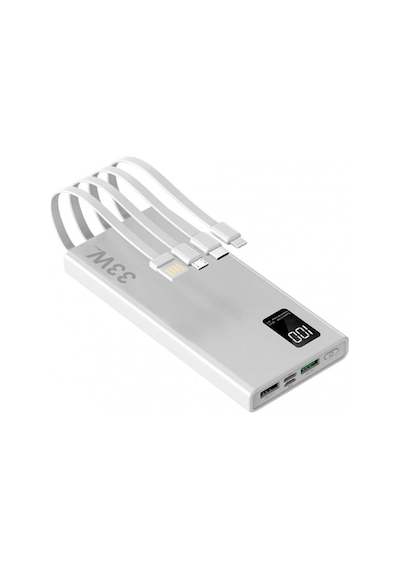 20.000 Mah 33w Hızlı Şarj Kendinden 4 Kablolu Led Ekranlı Tüm Cihazlara Uyumlu Powerbank Koruma Kılıf li Beyaz