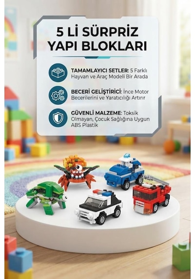 Sürpriz Yumurta 5'li Set Dinozor Ve Araç Figürlü Yapı Blokları Eğitici Öğretici Parçalı Oyuncak