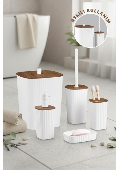 Safir Beyaz Ahşap Desenli Çizgili Banyo Seti 5 Parça Plastik