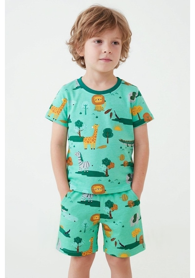 Breeze Erkek Çocuk Şortlu Pijama Takımı Safari Temalı Sevmli Hayvancıklar Desenli 1.5-5 Yaş, Yeşil