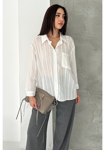 Sim Detaylı Kırışık Görünüm Oversize Gömlek Breeze Beyaz
