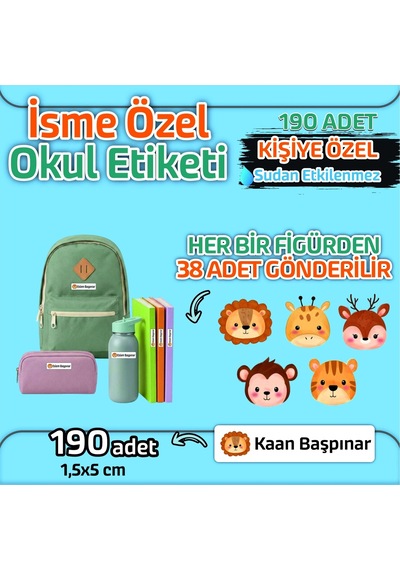 Okul Etiketi Isme Özel Kalem Defter Etiketi Animal -2 -190 Adet Çok Renkli