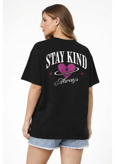 Herkesemoda Stay Kind Yazı Detaylı Basic T-shirt Siyah