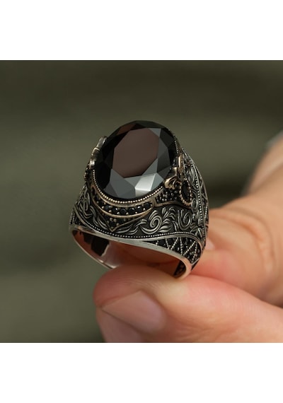 Oval Siyah Taşlı 925 Gümüş Erkek Yüzük Beyaz