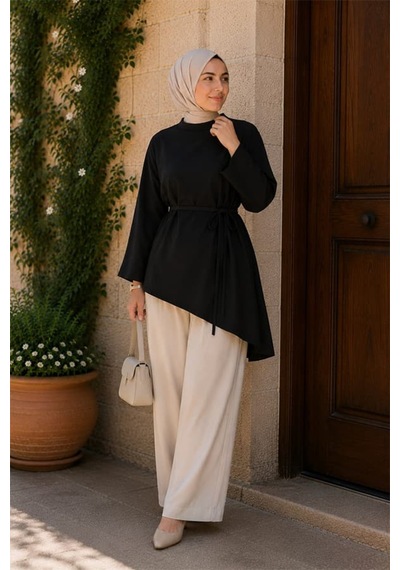 Maşuka Asimetrik Kesim Belden Bağlamalı Bol Kollu Kadın Tunik & Bluz - Şık Ve Modern Tasarım Siyah Siyah Maşuka Asimetrik Kesim Belden Bağlamalı Bol Kollu Kadın Tunik & Bluz - Şık Ve Modern Tasarım Siyah Siyah