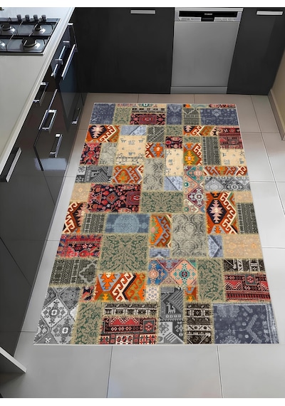 Renkli Patcwork Desen Modern Halı Dekoratif Kilim Çok Renkli