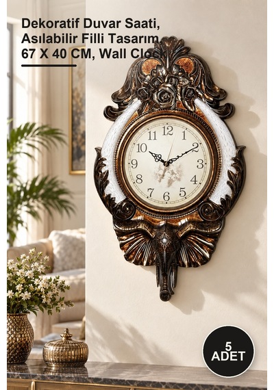 5 Adet Duvara Asmalı Filli Saat Dekoratif Duvar Saati, Asılabilir Filli Tasarım, 67 X 40 Cm, Wall Clock Diğer