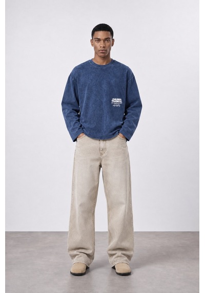 Respire Erkek Always Baskılı Yıkamalı Oversize Long Sleeve Lacivert