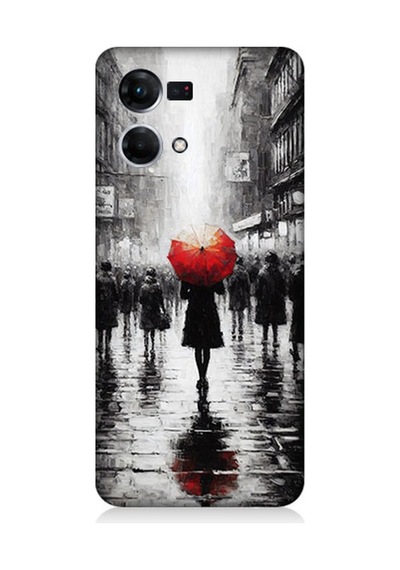 Oppo Reno 7 Uyumlu Kırmızı Şemsiyeli Yalnızlık Desenli Silikon Kılıf Çok Renkli