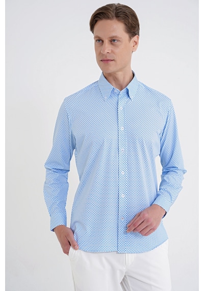 Slim Fit Yaka Düğmeli Baskılı Pamuklu Mavi Gömlek G 1605