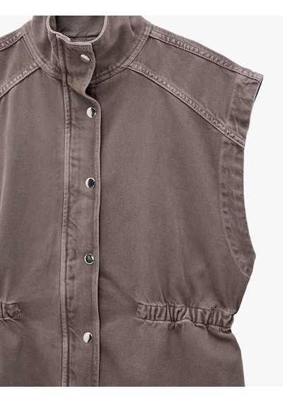 Koton Büzgü Detaylı Pamuklu Çıt Çıt Düğmeli Dik Yaka Kolsuz Denim Yelek Açık Kahverengi 7wal20001mw