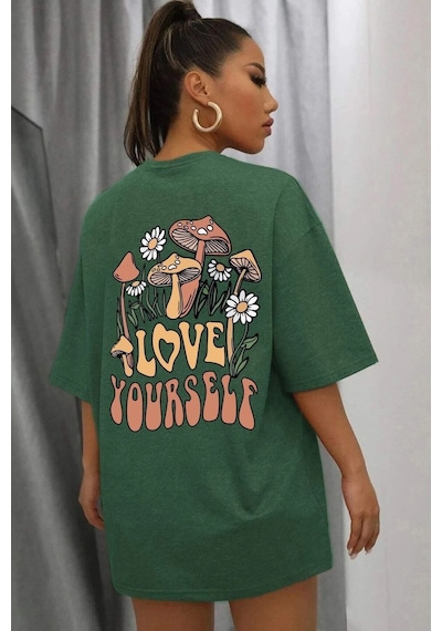 Unisex Love Yourself Sırt Baskılı Tasarım T-shirt Yeşil