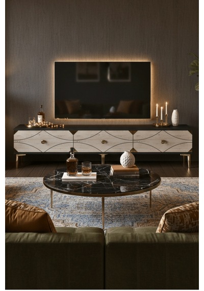 Tsa1897atg - Alfa Tsa180 Tv Stand, Tv Sehpası Ve Tv Ünitesi Antrasit - Traverten - Gold 180cm