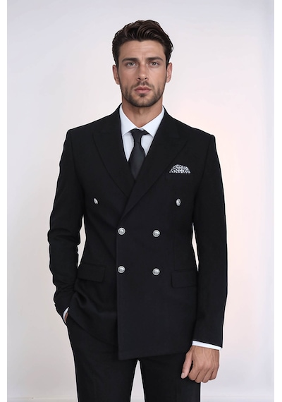 Gümüş Düğmeli Slim Fit Kruvaze Siyah Erkek Takım Elbise Wessi Siyah