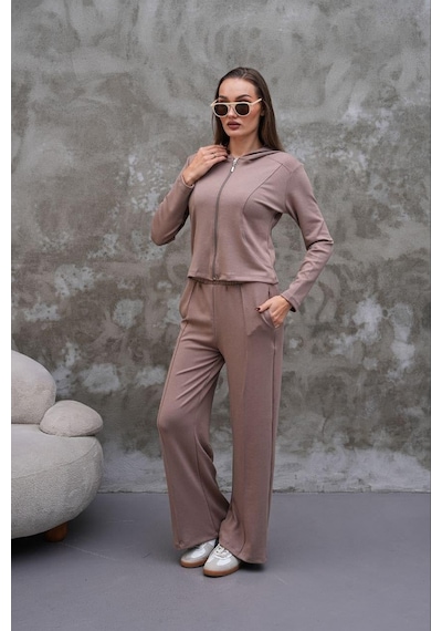 Elaxi Modal Kumaş Slim Fit Kapüşonlu İkili Takım VİZON