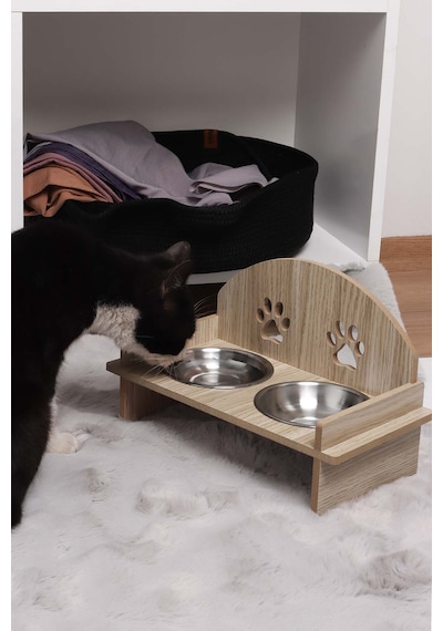 Ahşap Kedi Köpek Mama Su Kabı Standı, Metal Suluk, Kedi Köpek Halısı