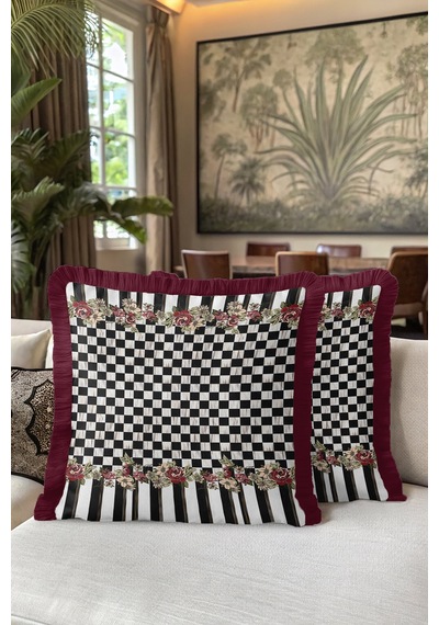 Luxe Ekose Çiçekli Saçaklı Yastık Kılıfı - Çizgili Romantik Vintage Bordo Püsküllü Kırlent Kılıfı Toprak Fırtına Mavisi Luxe Ekose Çiçekli Saçaklı Yastık Kılıfı - Çizgili Romantik Vintage Bordo Püsküllü Kırlent Kılıfı Toprak Fırtına Mavisi