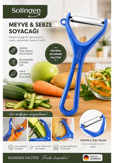 Solingen Meyve Sebze Soyacağı Paslanmaz Çelik Profesyonel Soyacak Mavi
