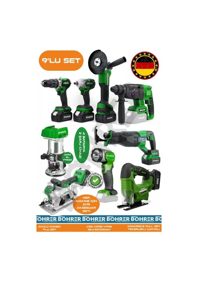 Böhrer Ba01093y 9 Makine Kombo Set 4 Akülü 2 Şarjlı Kömürsüz V598 5ah Profesyonel - Green Yeşil