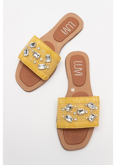 Luvishoes Norve Sarı Hasır Taşlı Kadın Terlik Sarı