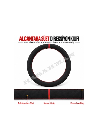 Vw Caddy 3 Dikme Direksiyon Kılıfı Full Alcantara Süet Kırmızı Yüzük Ve Kırmızı Dikiş 2010-2015 Siyah