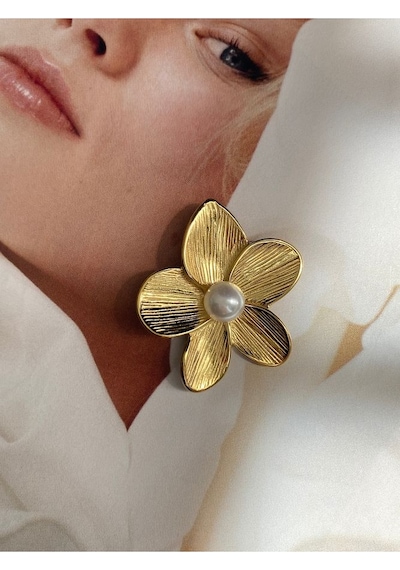 Pinery Jewels Top İncili Yaprak Paslanmaz Çelik Kadın Küpe Çifti Altın