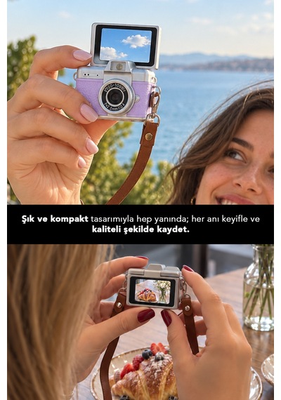 Mimtec Blm-110 Mini Retro Dijital Kamera - Flaşlı Katlanabilir Ekran 1080p Hd Video Selfie Vlog Kamerası Mor