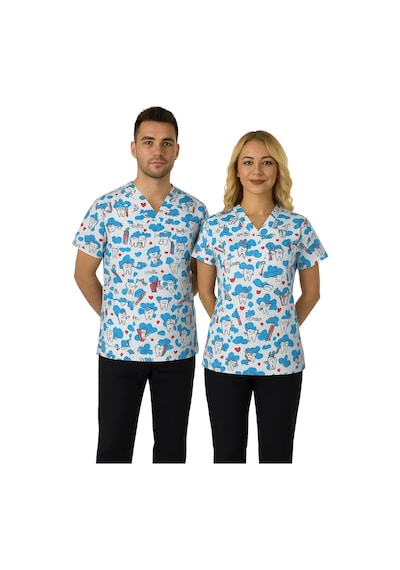 Unisex Beyaz Diş Desenli Diş Hekimi, Diş Doktoru, Diş Teknisyeni Scrubs Üniforma Takım Beyaz - Siyah