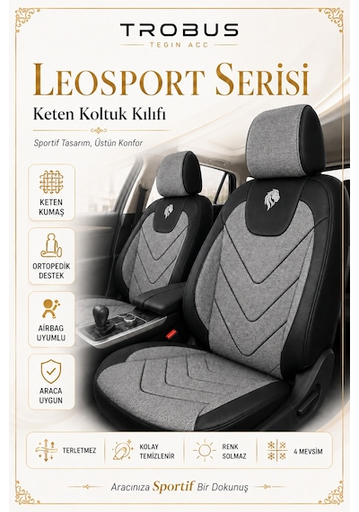 Renault Fluence 2010 Sonrası Uyumlu Leosport Serisi Gri Siyah Ortopedik Keten Koltuk Kılıfı