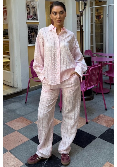 Madmext Pembe Transparan Relax Fit Çizgili Takım Mg2740