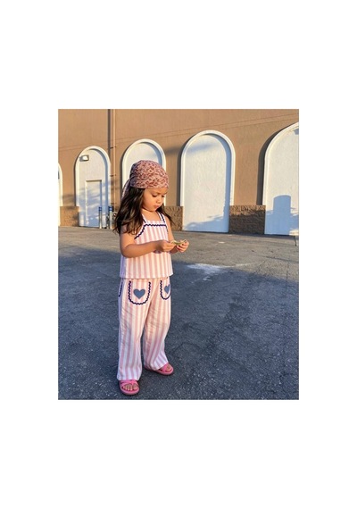 Poala Kids Kalp Nakışlı Keten Takım Pembe