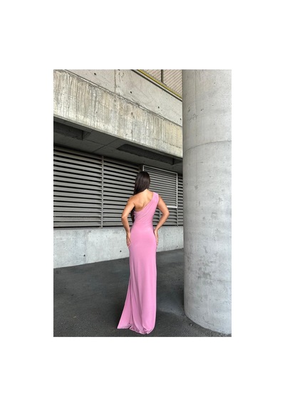 Lior Design Kadın Trend Model Sandy Kumaş Tek Omuz Balık Kesim Abiye Elbise Pembe