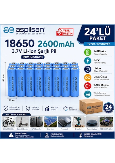 Aspilsan 18650 2600mah 3.7v Li-ion Şarjlı Pil 24'lü Paket Inr18650a28  Lityum İyon Batarya E-bisiklet, Scooter, Ups, Solar Ve Powerbank İçin