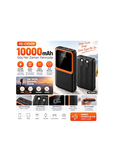 10000 Mah 22.5w Hızlı Şarj Powerbank Dahili Type-c Ve Lightning Kablolu Dijital Göstergeli- Re-ck009 Diğer