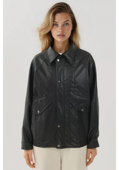 Hiccup Cep Detaylı Oversized Suni Deri Ceket Siyah