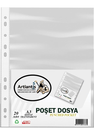 A3 Poşet Dosya Dik 20 li Şeffaf Föy Dosya 1 Paket Ofis Okul Büro Kenarı Delikli Poşet Dosya
