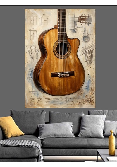 Antik Kağıtta Klasik Akustik Gitar Dekoratif Kanvas - Mdf Ahşap Tablo