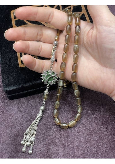 Alpaka Mineli Madalyonlu Sedef Simli Ateş Kehribar Tesbih Kahve Tonları, 7x11 Mm Kahverengi