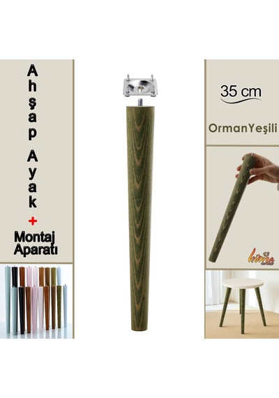 Ahşap Ayak 35 Cm Orman Yeşili M8 Civatalı Bağlantı Aparatlı Mobilya Tabure Sehpa Masa Destek Ayağı Orman Yeşili