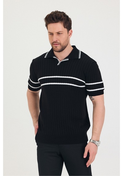 Cool Tarz Erkek Yaka Kol Göğüs Beyaz Çizgi Detaylı Siyah Triko T-shirt Siyah Siyah