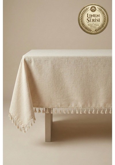 Linen Vintage Püsküllü Naturel Keten Masa Örtüsü - Ham Bej Yıkanmış Keten Bohem Sofra Örtüsü