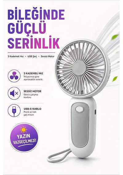 Bilek Askılı Şarjlı Taşınabilir El Fanı Mini Vantilatör Gri