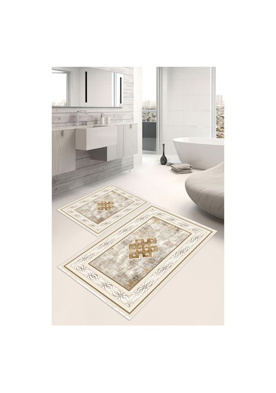 Dijital Baskı Klasik Kaymaz Taban 2li Set Banyo Paspası Klozet Takımı 50x60cm-60x100cm Krem