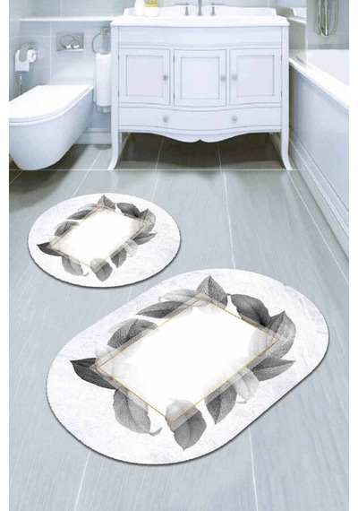 Beyaz Yaprak Temalı Oval Banyo Klozet Paspas Seti Bs092n11