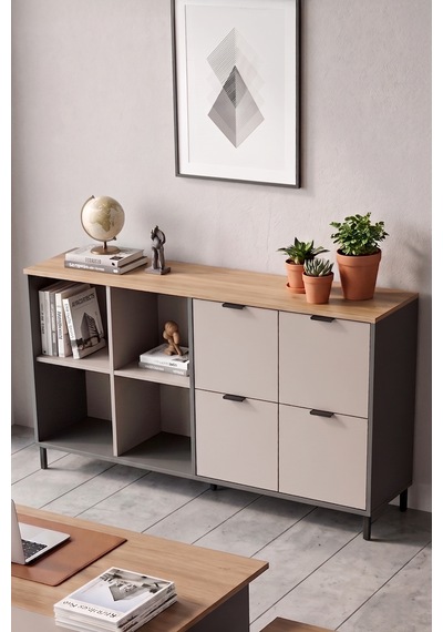 Robin Home Nexus 147x35 Cm Ofis Dolabı Klasör Dolabı Konsol Çok Amaçlı Dolap Metal Ayaklı Sepet-kumsal-antrasit Kahverengi