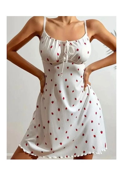 Eloria Fashion Çilek Baskılı Tangalı Gecelik Pijama Elbise,kadın Gecelik,kadın İç Giyim Beyaz